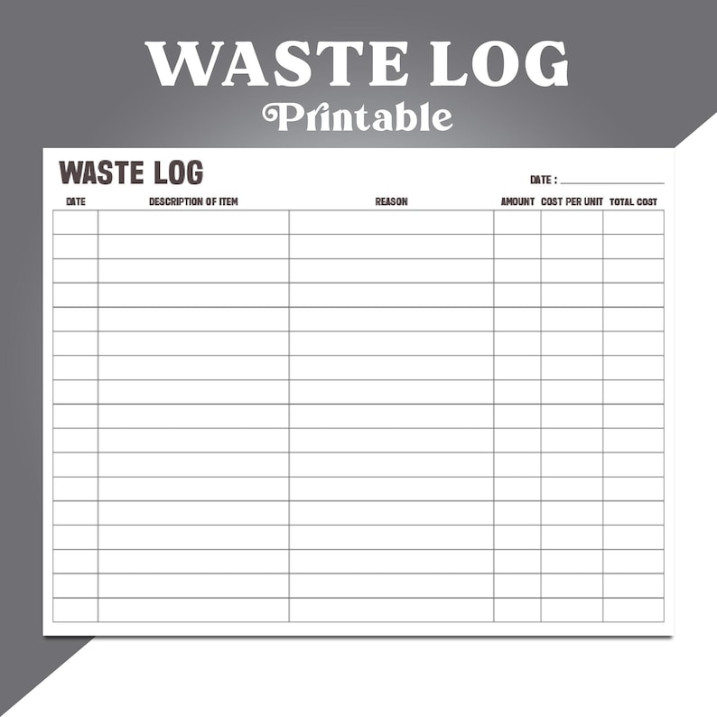 Waste Log Printable, Food Waste Tracker, Waste Tracker Template