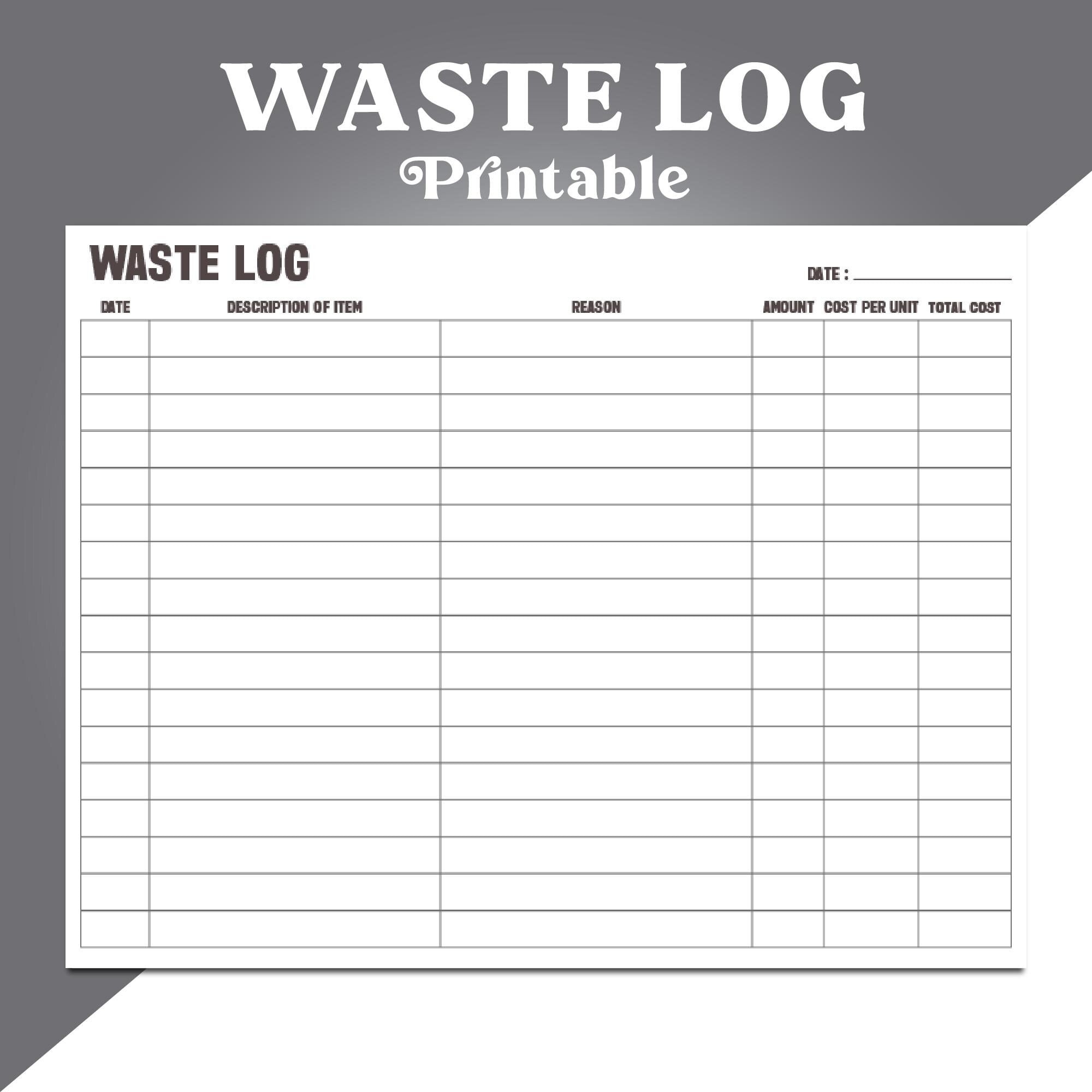 Waste Log Printable, Food Waste Tracker, Waste Tracker Template Waste Log Printable, Food Waste Tracker, Waste Tracker Template