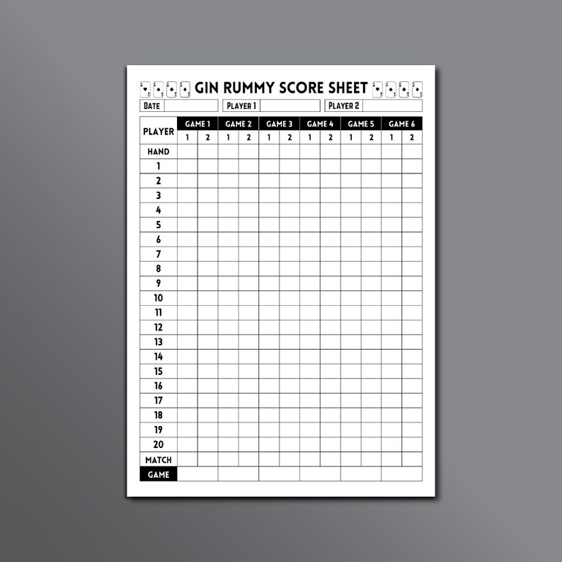 Gin Rummy Score Sheet, Gin Rummy Game Scoring, Rummy Score Sheet, Gin