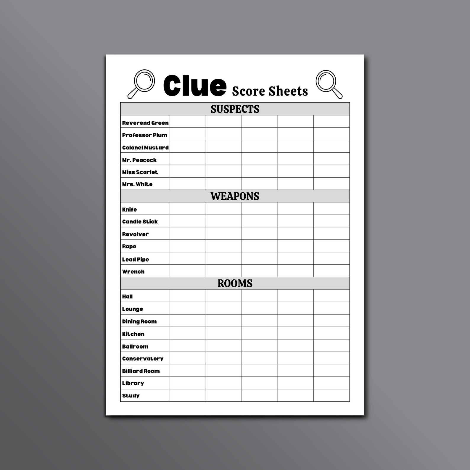 Clue Score Sheet, Clue Board Game Score Sheet, Clue Score Card, Clue ...