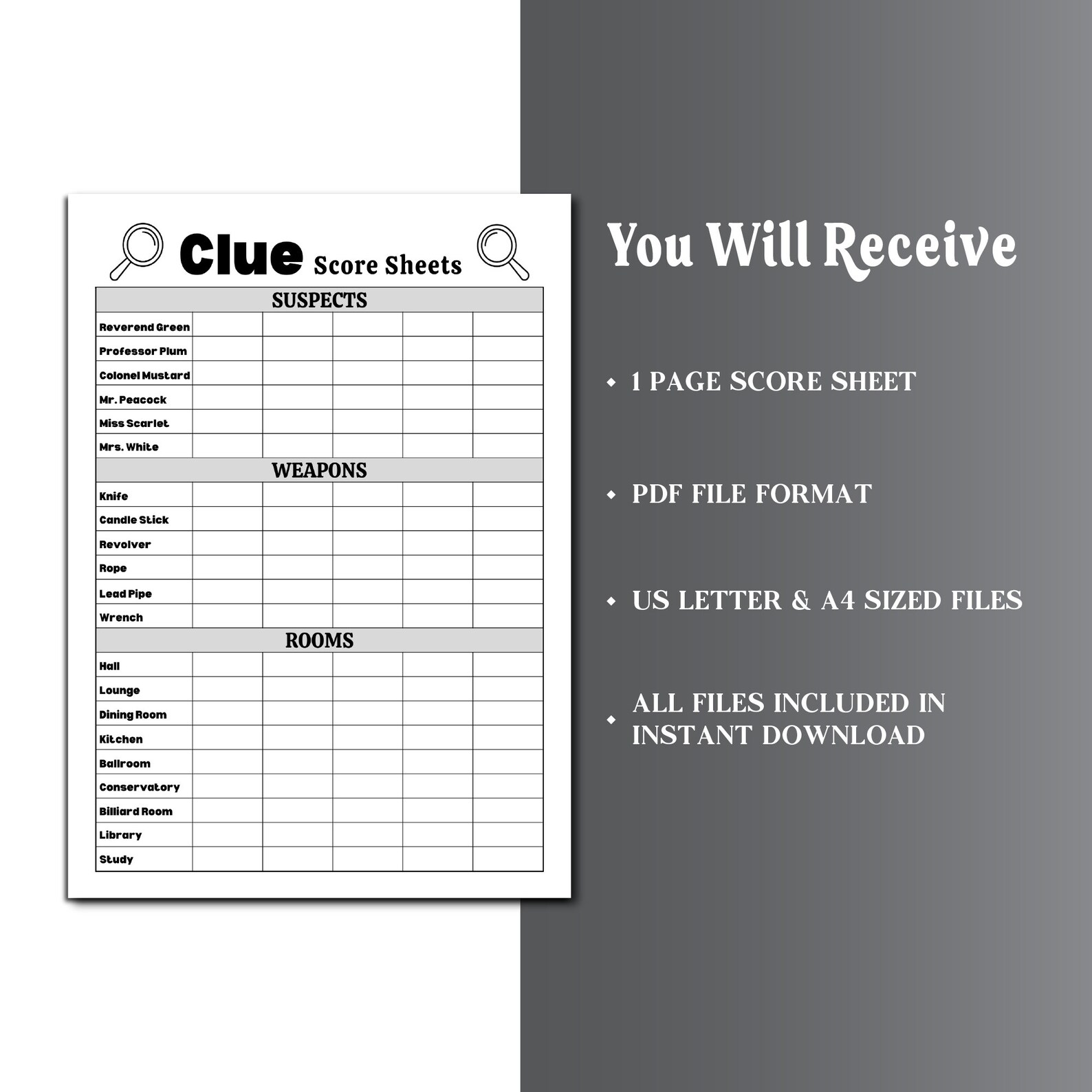 Clue Score Sheet, Clue Board Game Score Sheet, Clue Score Card, Clue ...