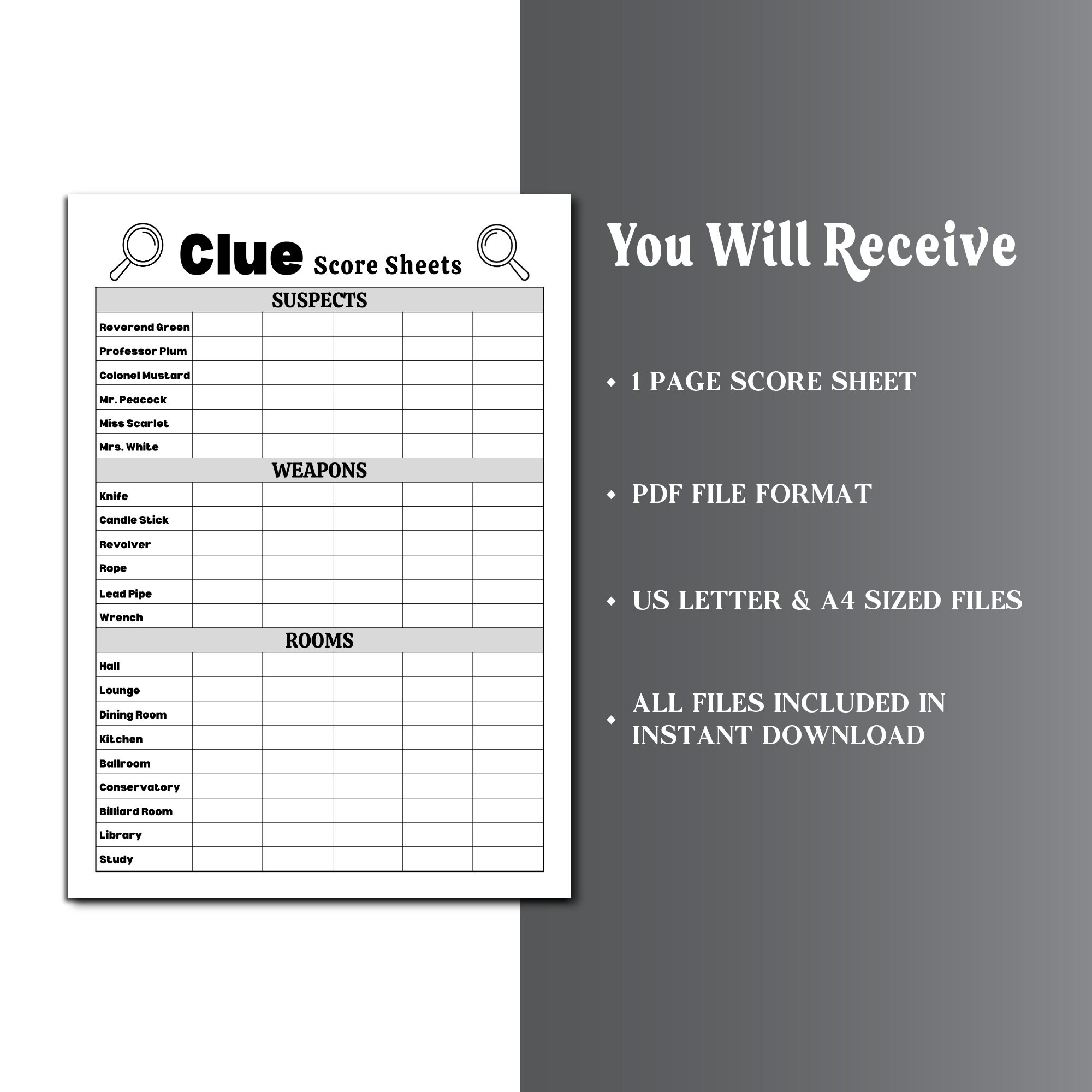 Clue Score Sheet, Clue Board Game Score Sheet, Clue Score Card, Clue ...