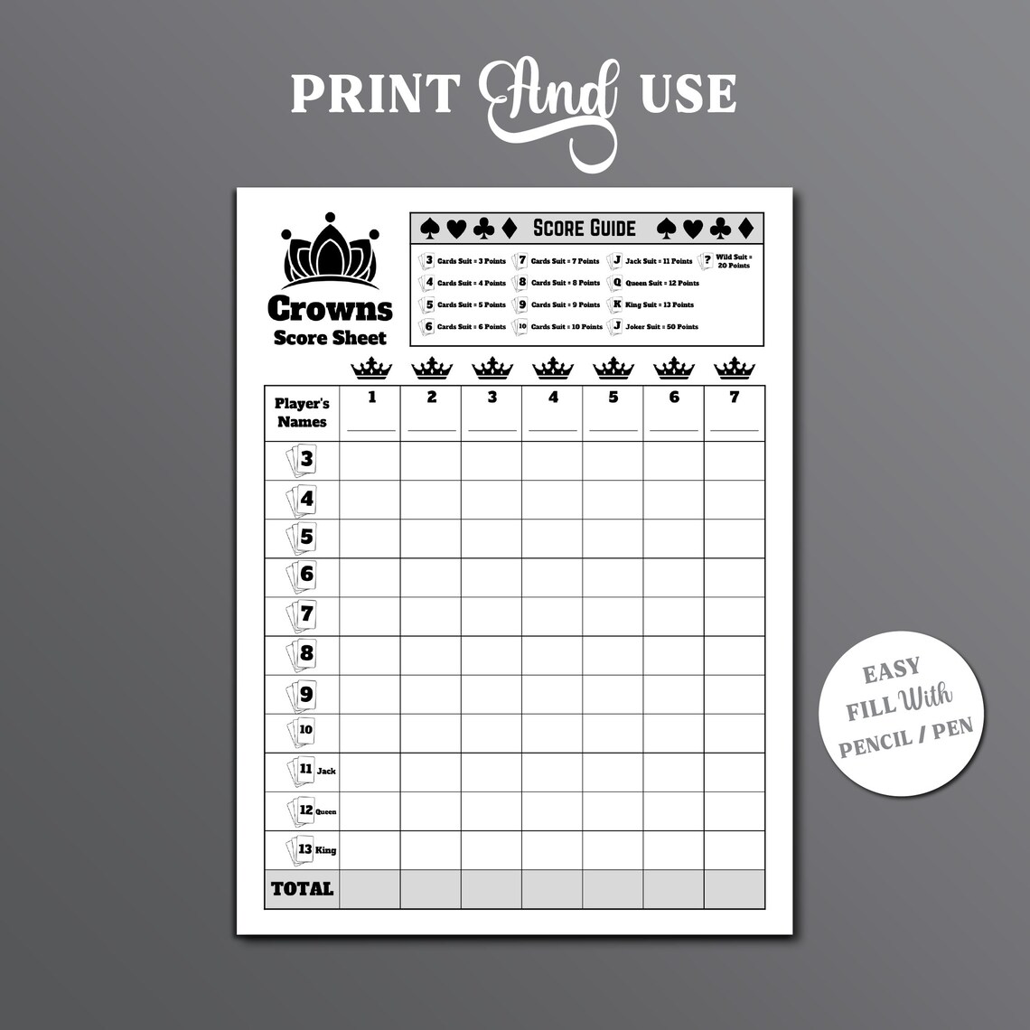 Five Crowns Card Game Score Sheet, Crowns Card Game Score Sheet, 5