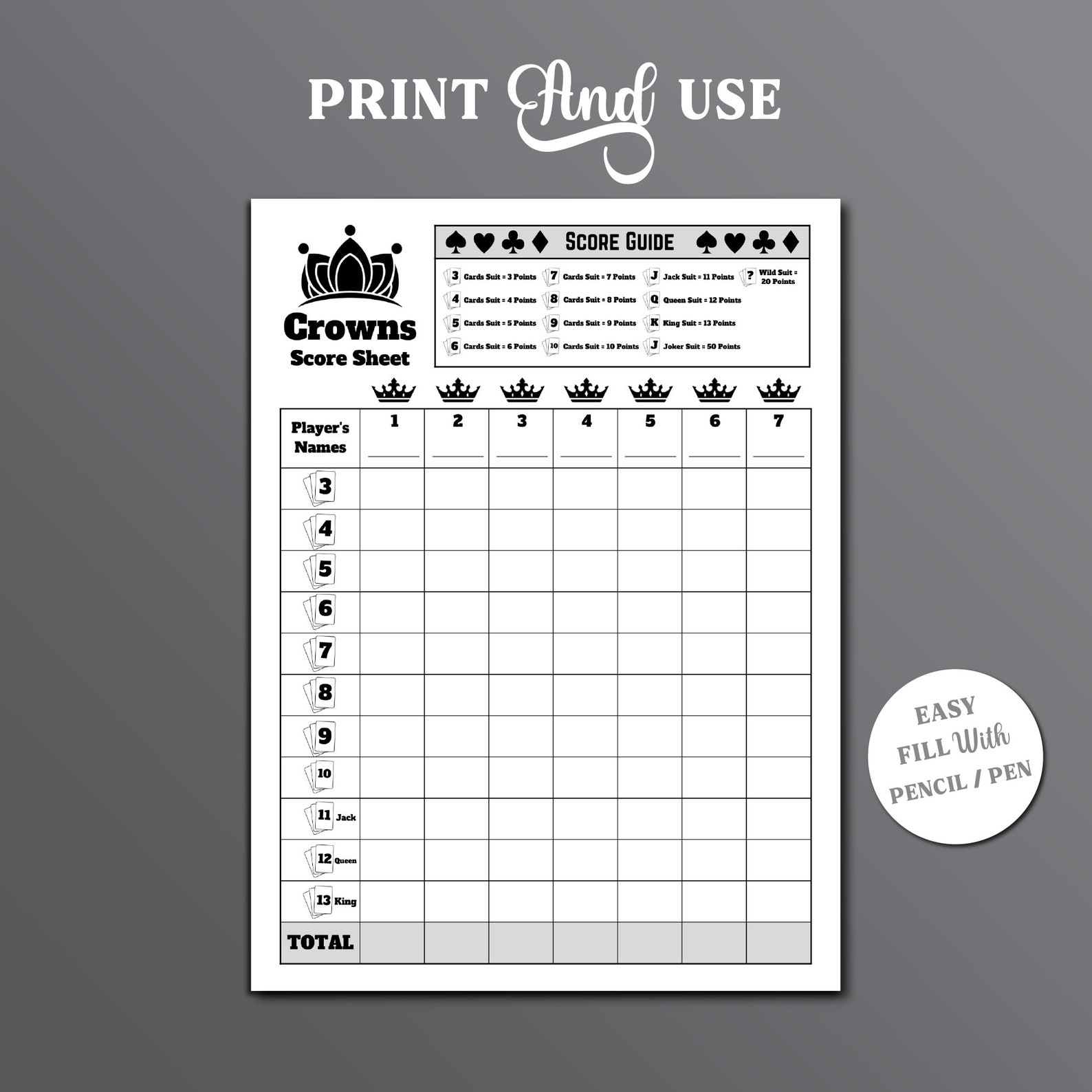 Five Crowns Card Game Score Sheet, Crowns Card Game Score Sheet, 5