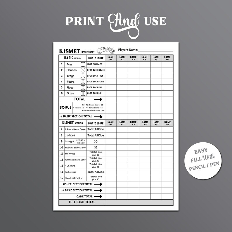 Kismet Score Sheet, Kismet Dice Game Score Sheet Printable, Kismet ...