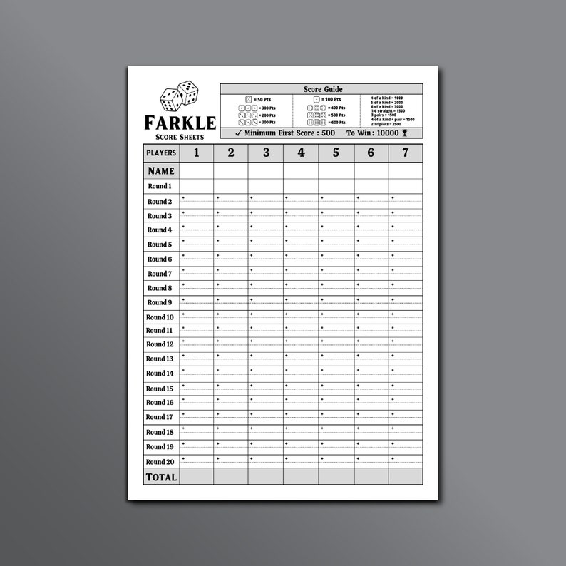 Farkle Game Score Sheet, Farkle Scoring, Farkle Dice Game Score Sheet