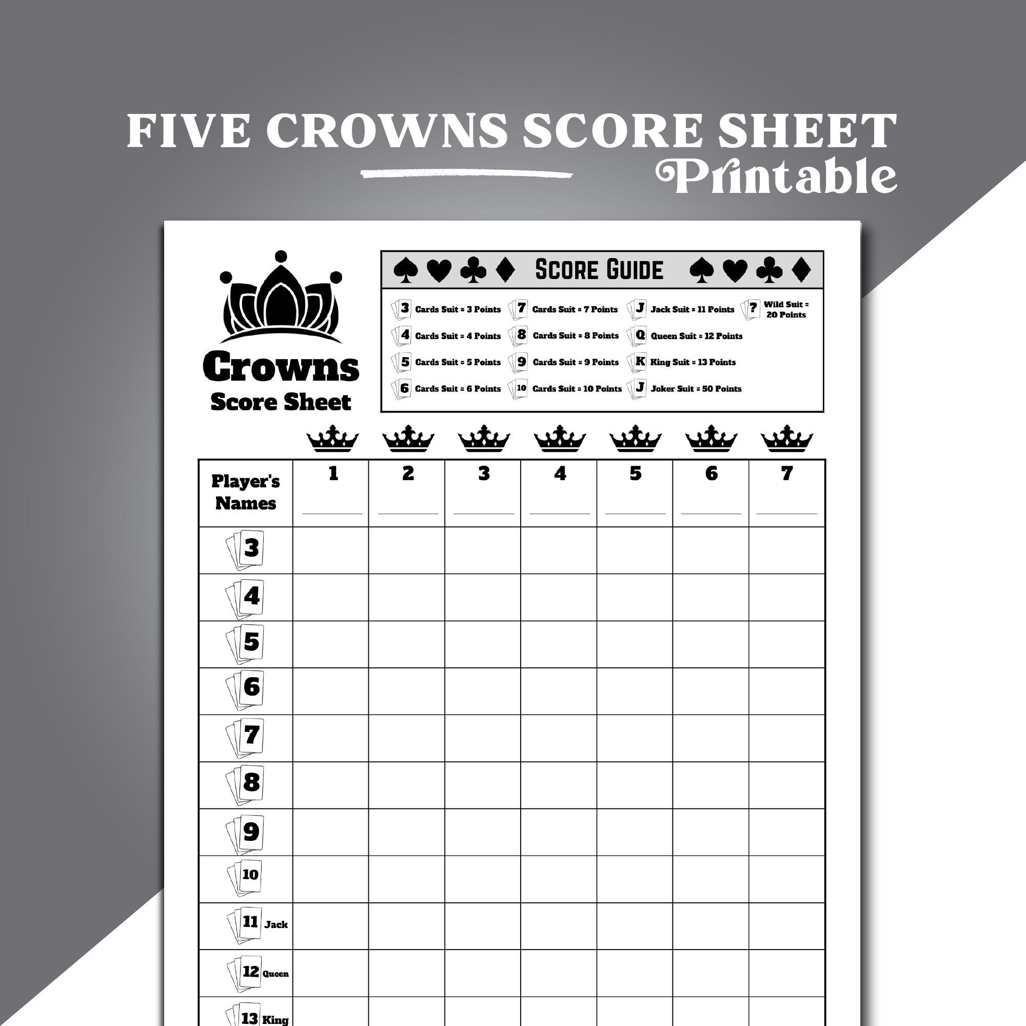 Five Crowns Card Game Score Sheet, Crowns Card Game Score Sheet, 5 Crowns  Game Score Sheet, Printable Five Crowns Score Pad 