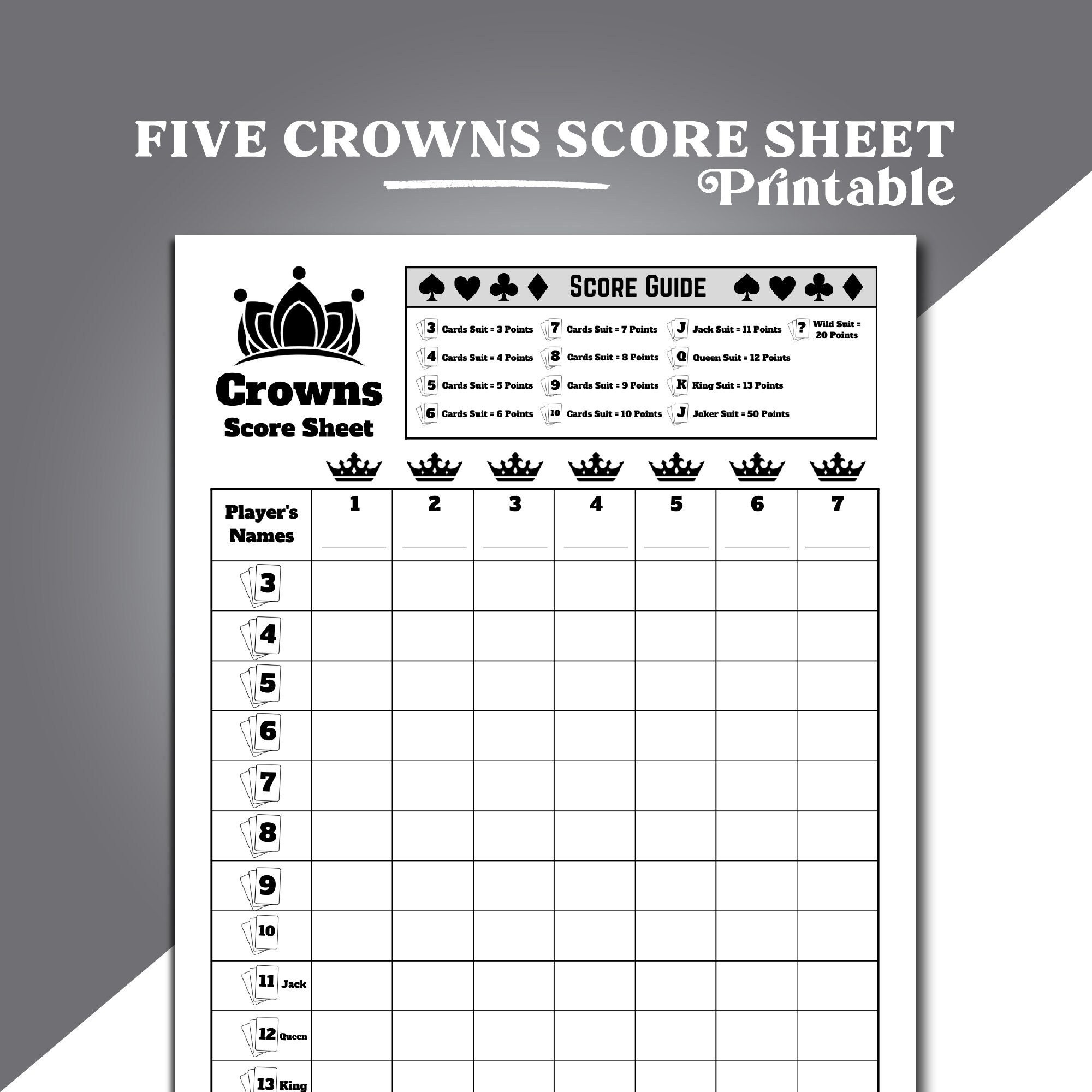 Five Crowns Card Game Score Sheet, Crowns Card Game Score Sheet, 5