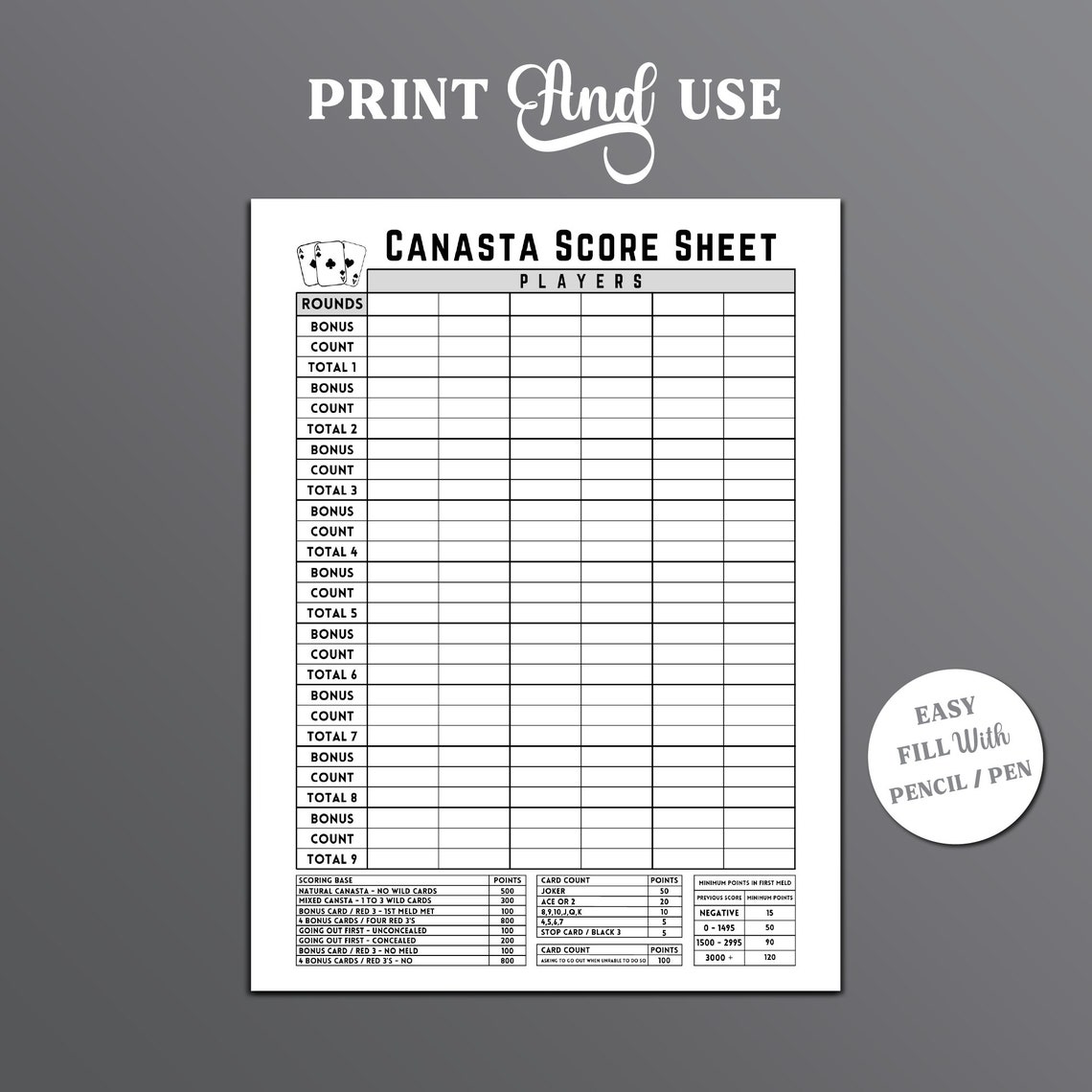 Canasta Score Sheet Canasta Card Game Score Sheet Printable Canasta 
