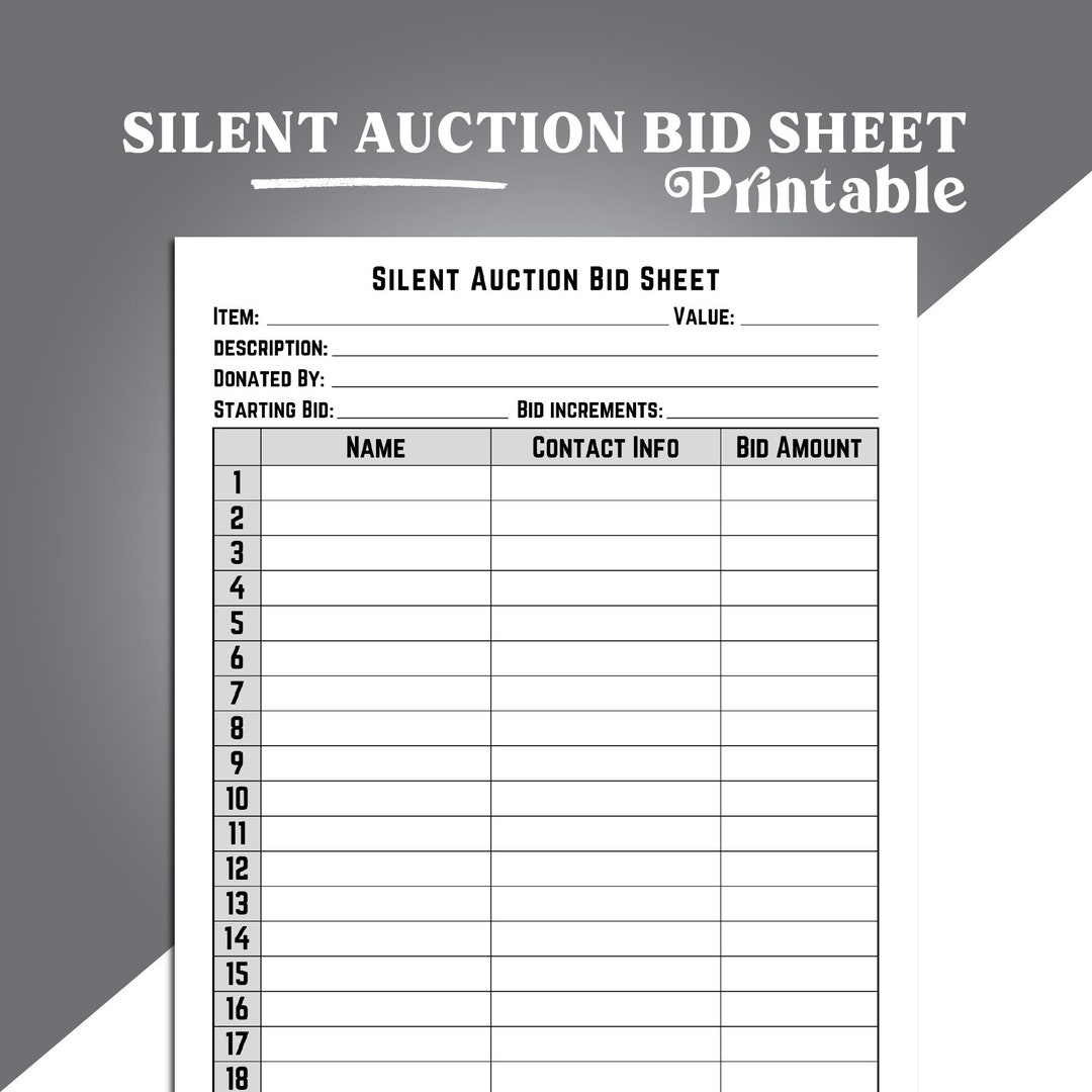 Silent Auction Bid Sheet Printable Template, Fundraising Event Bidding Silent Auction Bid Sheet Printable Template, Fundraising Event Bidding