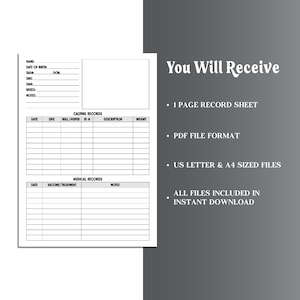 May include: Printable cattle record sheet in PDF format. The sheet includes sections for calving records, medical records, and general information about the animal. The sheet is designed for US Letter and A4 paper sizes.