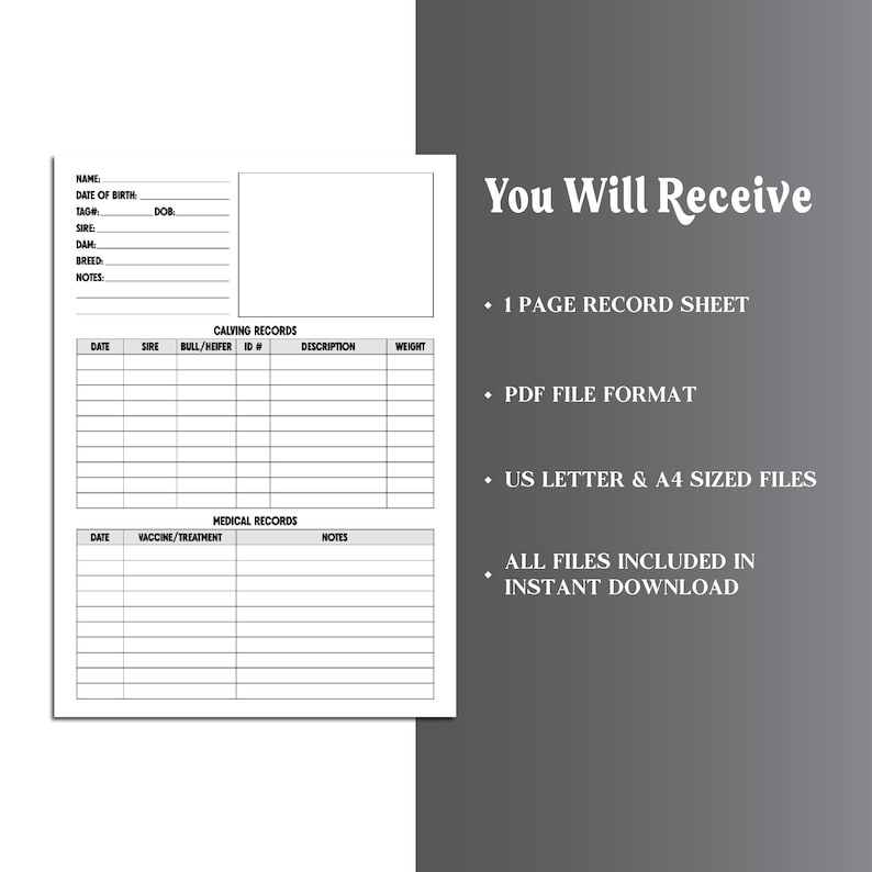 May include: Printable cattle record sheet in PDF format. The sheet includes sections for calving records, medical records, and general information about the animal. The sheet is designed for US Letter and A4 paper sizes.
