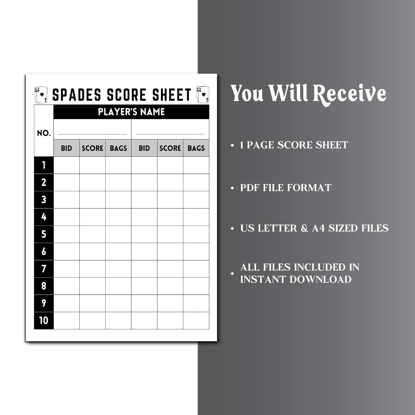 Spades Score Sheet, Spades Scorekeeper, Spades Card Game Score Sheet