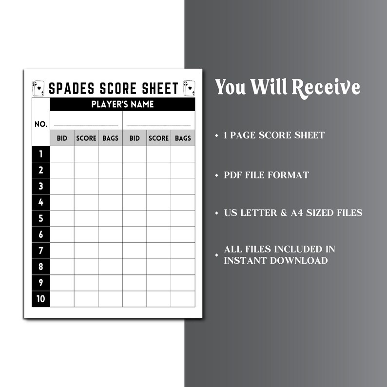 Spades Score Sheet, Spades Scorekeeper, Spades Card Game Score Sheet