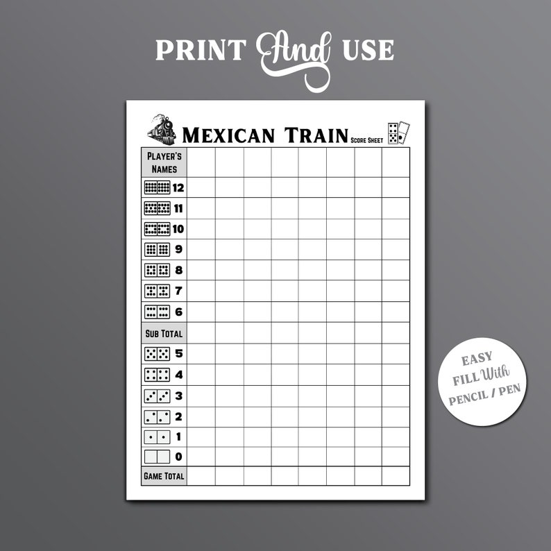 Mexican Train Dominoes Score Sheet, Mexican Train Game Score Sheet ...