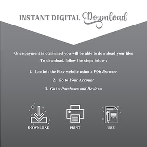 Puede incluir: Un fondo gris con texto blanco que explica c&oacute;mo descargar archivos digitales de Etsy. El texto incluye instrucciones para iniciar sesi&oacute;n en el sitio web de Etsy, ir a tu cuenta e ir a compras y rese&ntilde;as. Se muestran tres iconos debajo del texto: una flecha de descarga, una impresora y un documento con un bol&iacute;grafo.