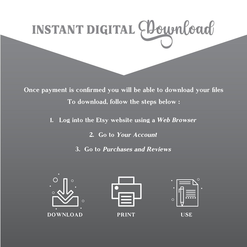 Puede incluir: Un fondo gris con texto blanco que explica c&oacute;mo descargar archivos digitales de Etsy. El texto incluye instrucciones para iniciar sesi&oacute;n en el sitio web de Etsy, ir a tu cuenta e ir a compras y rese&ntilde;as. Se muestran tres iconos debajo del texto: una flecha de descarga, una impresora y un documento con un bol&iacute;grafo.