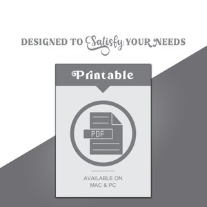 K&ouml;nnte beinhalten: Druckbares PDF-Datei-Symbol in einem grauen Kreis mit dem Wort "Printable" &uuml;ber dem Symbol und dem Text "AVAILABLE ON MAC & PC" unter dem Symbol.