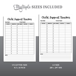 K&ouml;nnte beinhalten: Druckbarer Kinderunterhalts-Tracker in US Letter Gr&ouml;&szlig;e (8,5 x 11 Zoll) und A4 Gr&ouml;&szlig;e (210 x 297 mm). Der Tracker enth&auml;lt Spalten f&uuml;r F&auml;lligkeitstermin, f&auml;lligen Betrag, tats&auml;chlichen Betrag, Zahlungsdatum und Saldo.