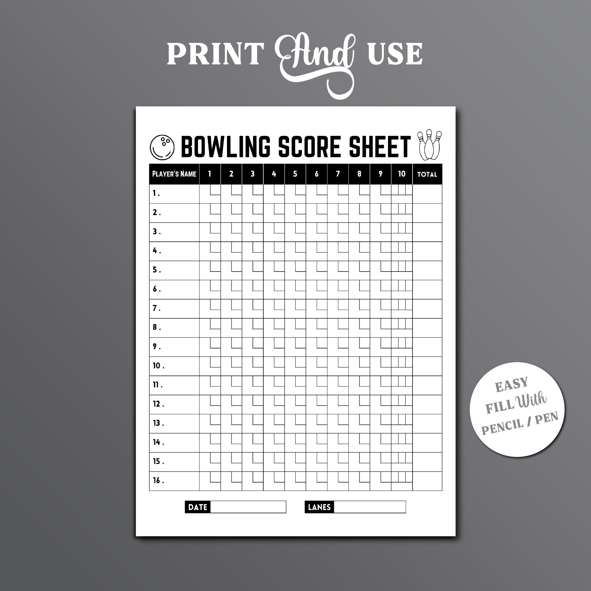 Bowling Score Sheet, Printable Bowling Score Card, Bowling Scorecard
