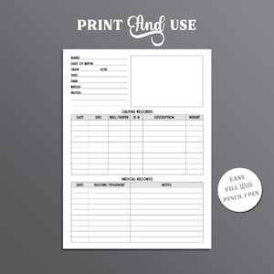 May include: Printable cattle record keeping sheet with sections for calving records and medical records. The sheet includes columns for date, sire, bull/heifer, ID number, description, weight, vaccine/treatment, and notes. The sheet is designed to be easy to fill out with a pencil or pen.