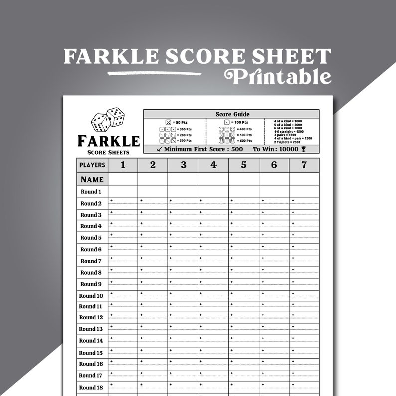 Farkle Game Score Sheet, Farkle Scoring, Farkle Dice Game Score Sheet