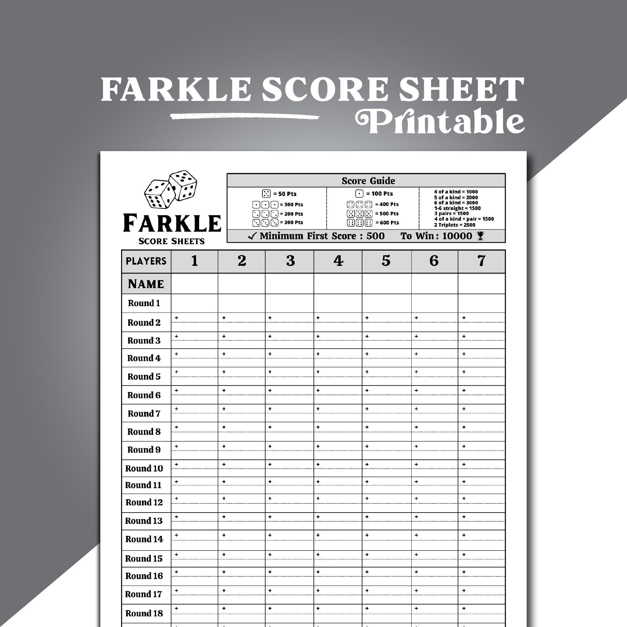 Printable Rules and Score Sheet for the Dice Game 10000 for 