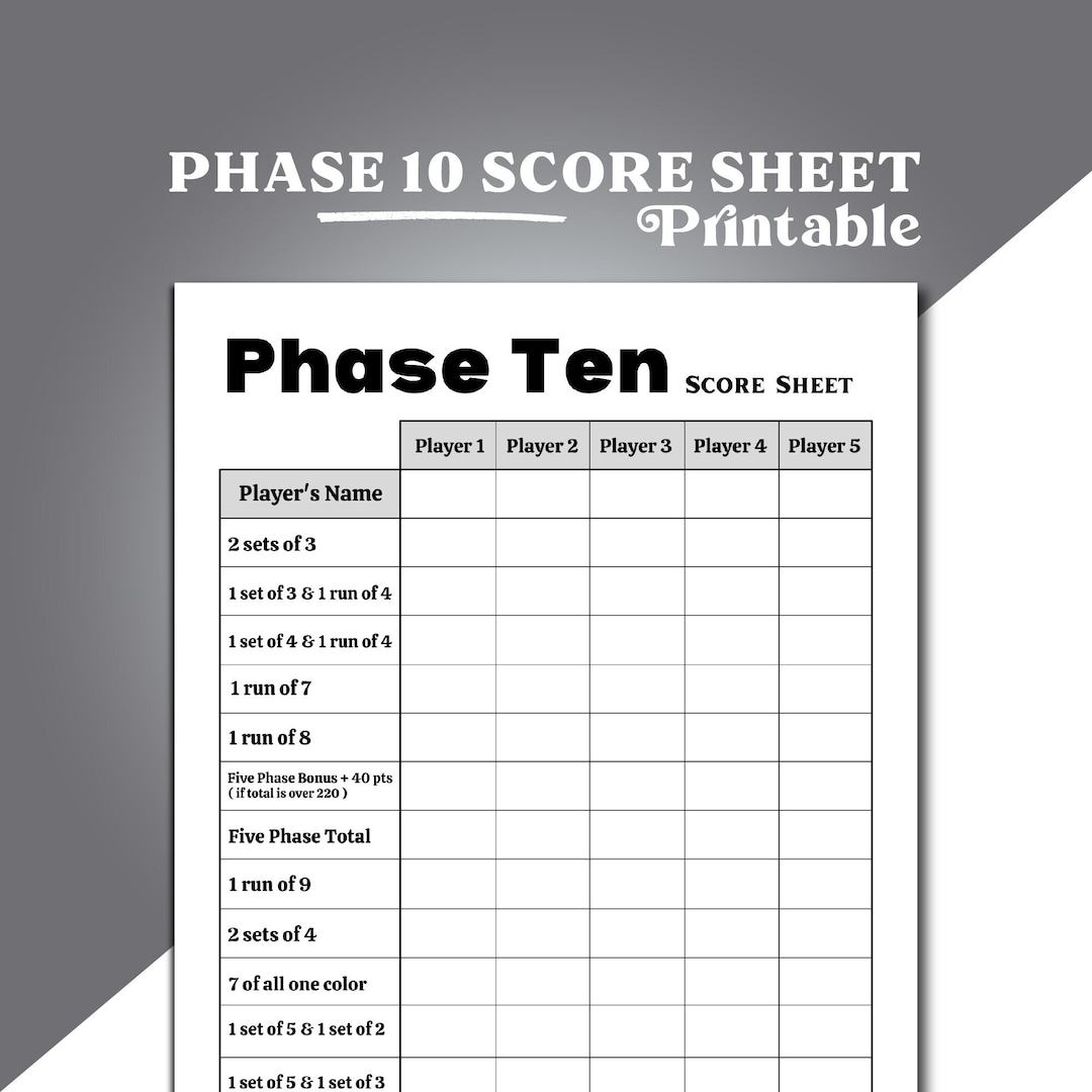 Phase 10 Card Game Score Sheet Phase 10 Score Sheet Phase 10 Score