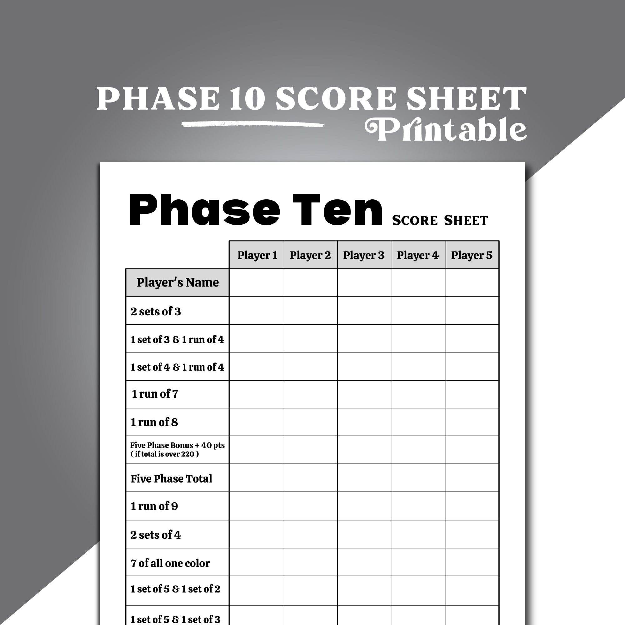 Feuille de pointage Phase 10, Feuille de pointage imprimable, Numérique,  Téléchargement instantané, Phase 10, Fichier imprimable, PDF, 8,5 x 11, A4  -  France