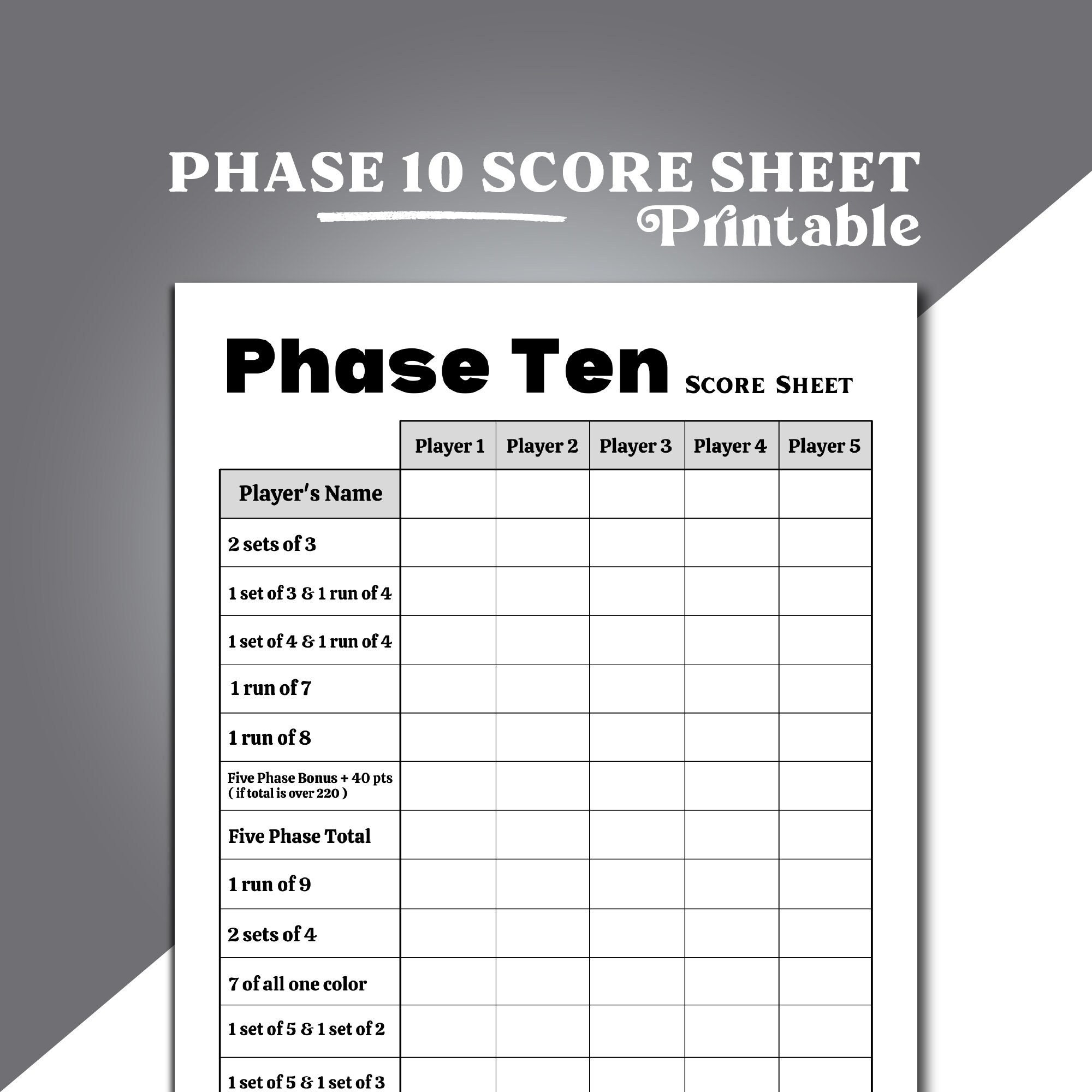 Phase 10 Card Game Score Sheet Phase 10 Score Sheet Phase 10 Score 