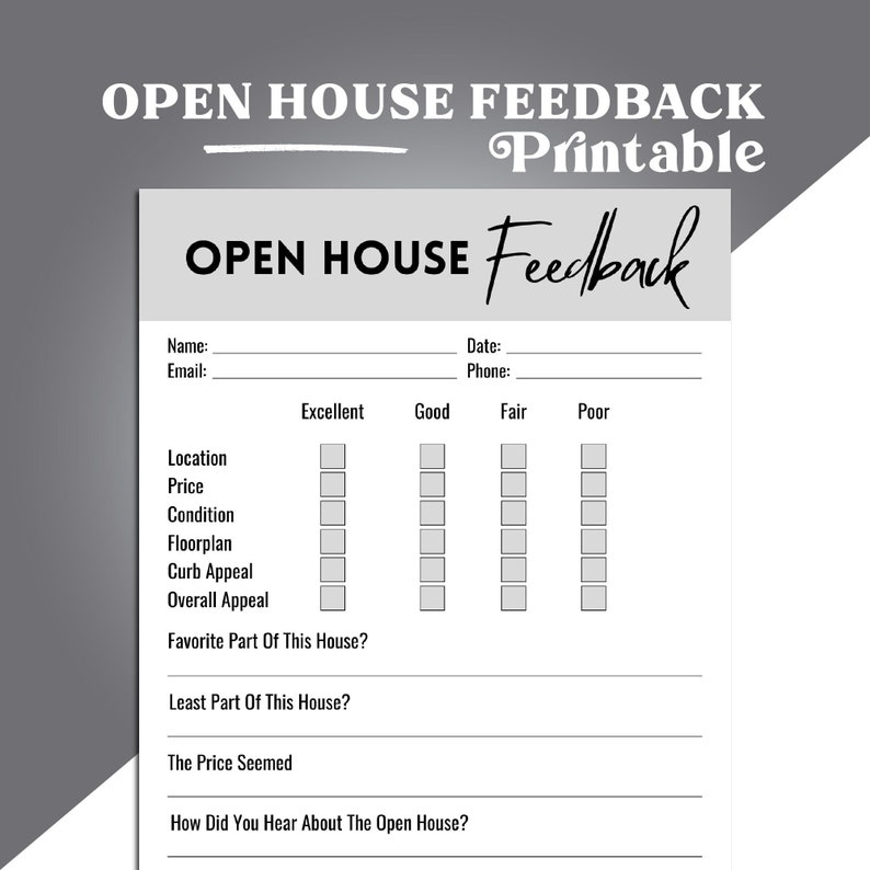 Open House Feedback Form Template, Printable Visitor Survey, Real Estate Marketing, Agent ...