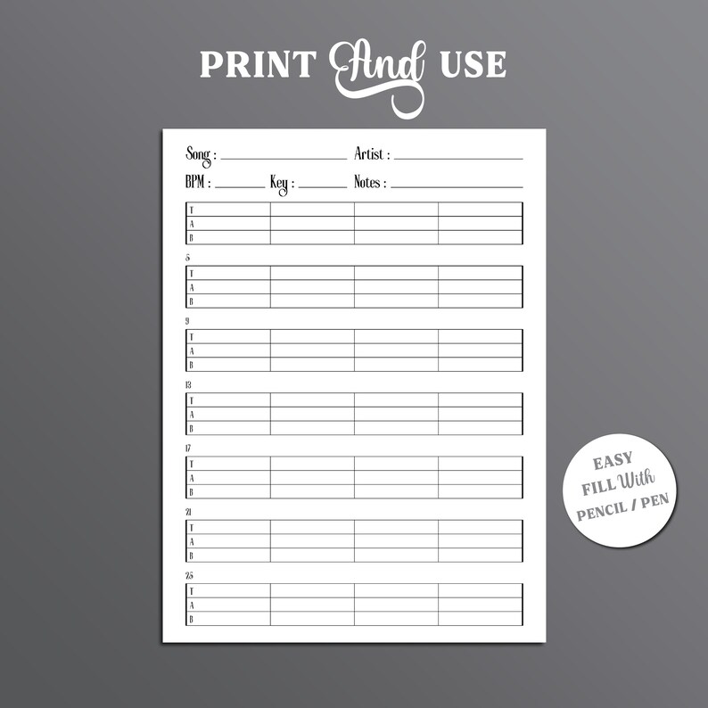 Bass Blank Tabs Printable, Blank 4-string Bass, Blank Sheet Music ...