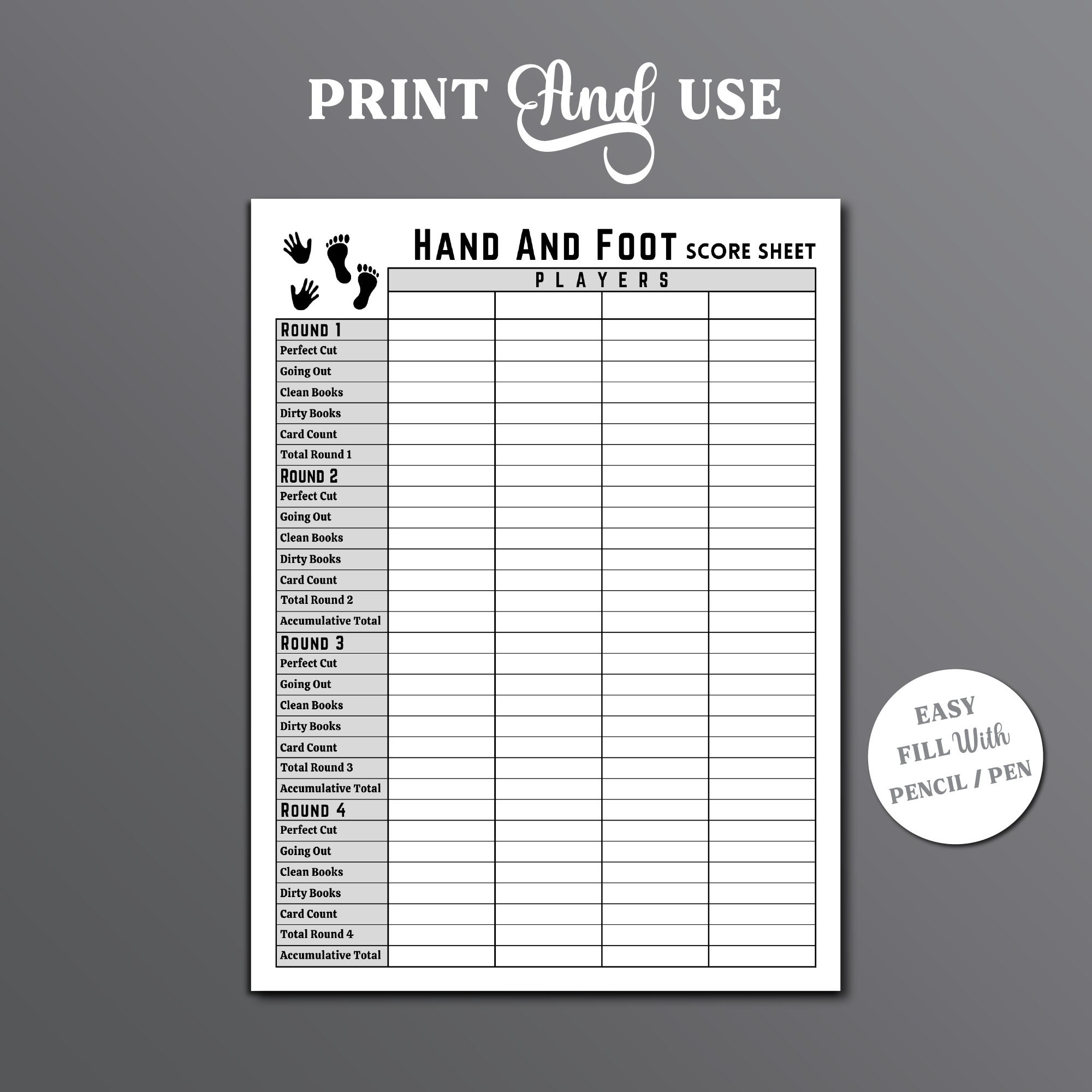 Hand and Foot Card Game Score Sheets: 130 Hand & Foot Canasta Scoring  Pages, Scorebook for Hand an Foot, Large Size Score Recording Notebook,  Perfect Gift for Players: Scorepad Records: 9798514885121: 