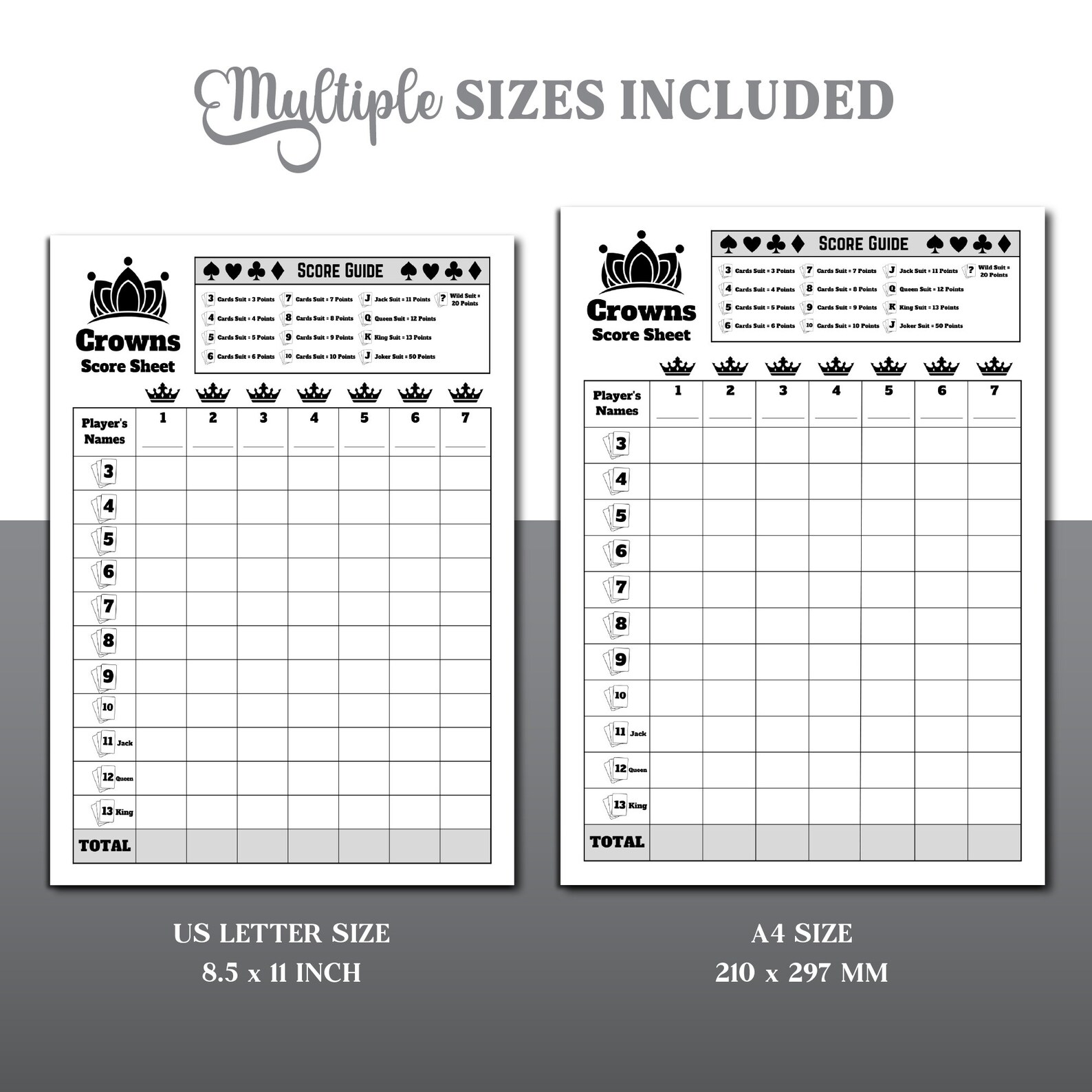 Five Crowns Card Game Score Sheet, Crowns Card Game Score Sheet, 5