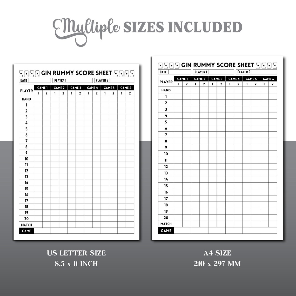 Gin Rummy Score Sheet, Gin Rummy Game Scoring, Rummy Score Sheet, Gin