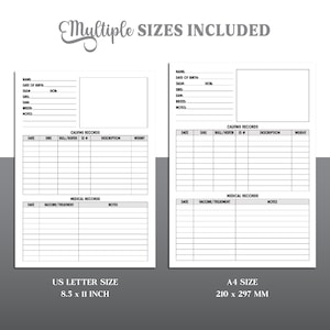 May include: Printable cattle record keeping log in US Letter (8.5 x 11 inches) and A4 (210 x 297 mm) sizes. The log includes sections for name, date of birth, tag, sire, dam, breed, notes, calving records, and medical records.