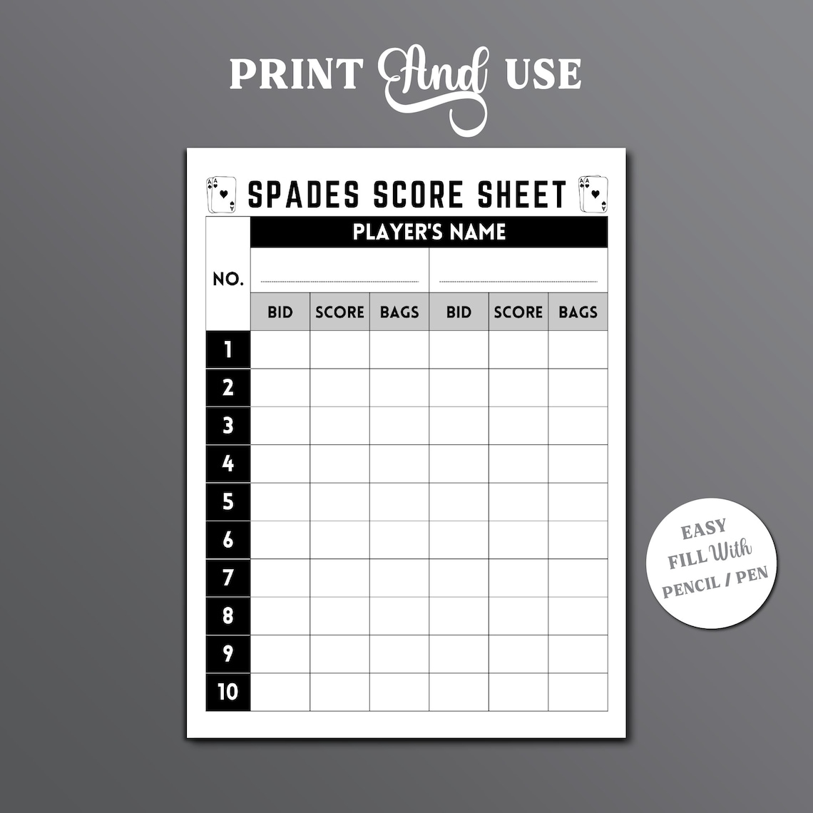 Spades Score Sheet, Spades Scorekeeper, Spades Card Game Score Sheet