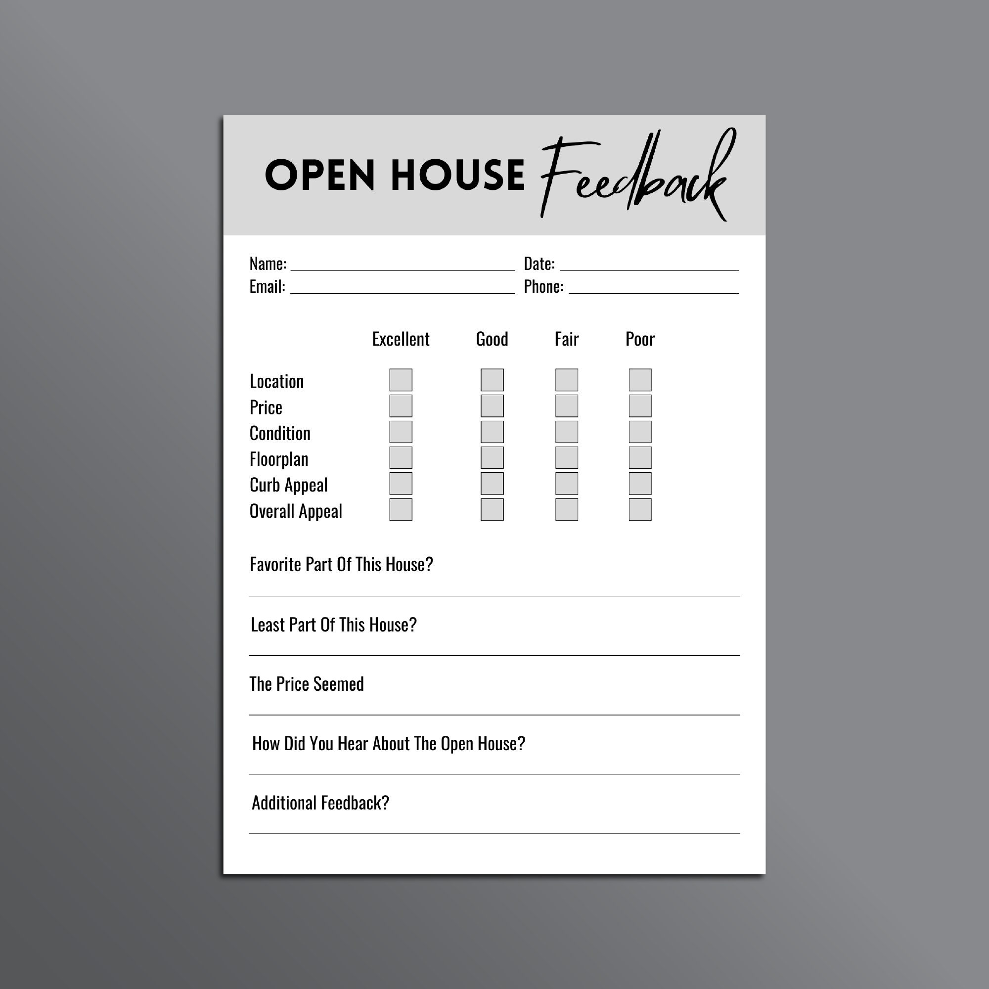 Open House Feedback Form Template, Printable Visitor Survey, Real Estate Marketing, Agent ...
