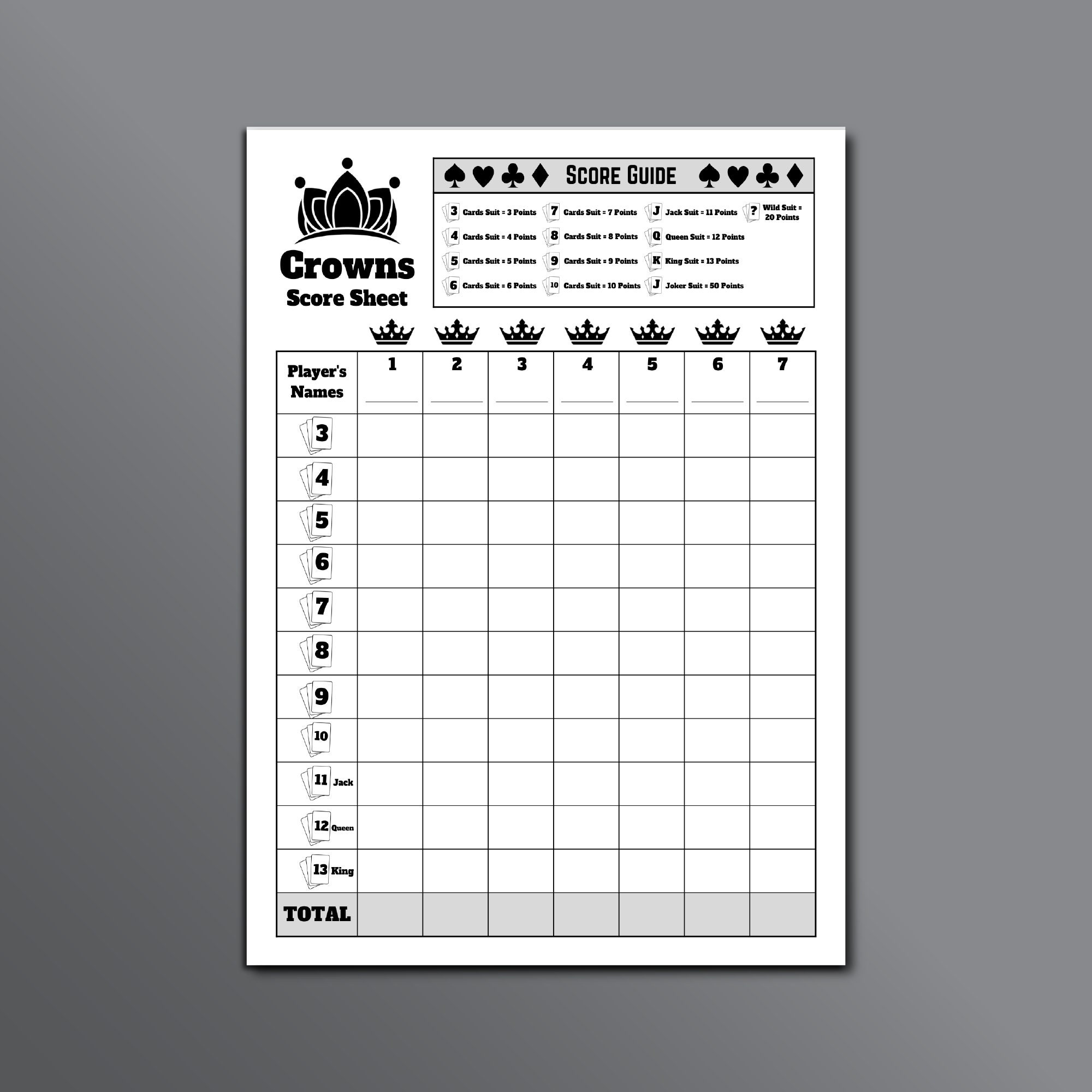 Five Crowns Card Game Score Sheet, Crowns Card Game Score Sheet, 5 Crowns  Game Score Sheet, Printable Five Crowns Score Pad 