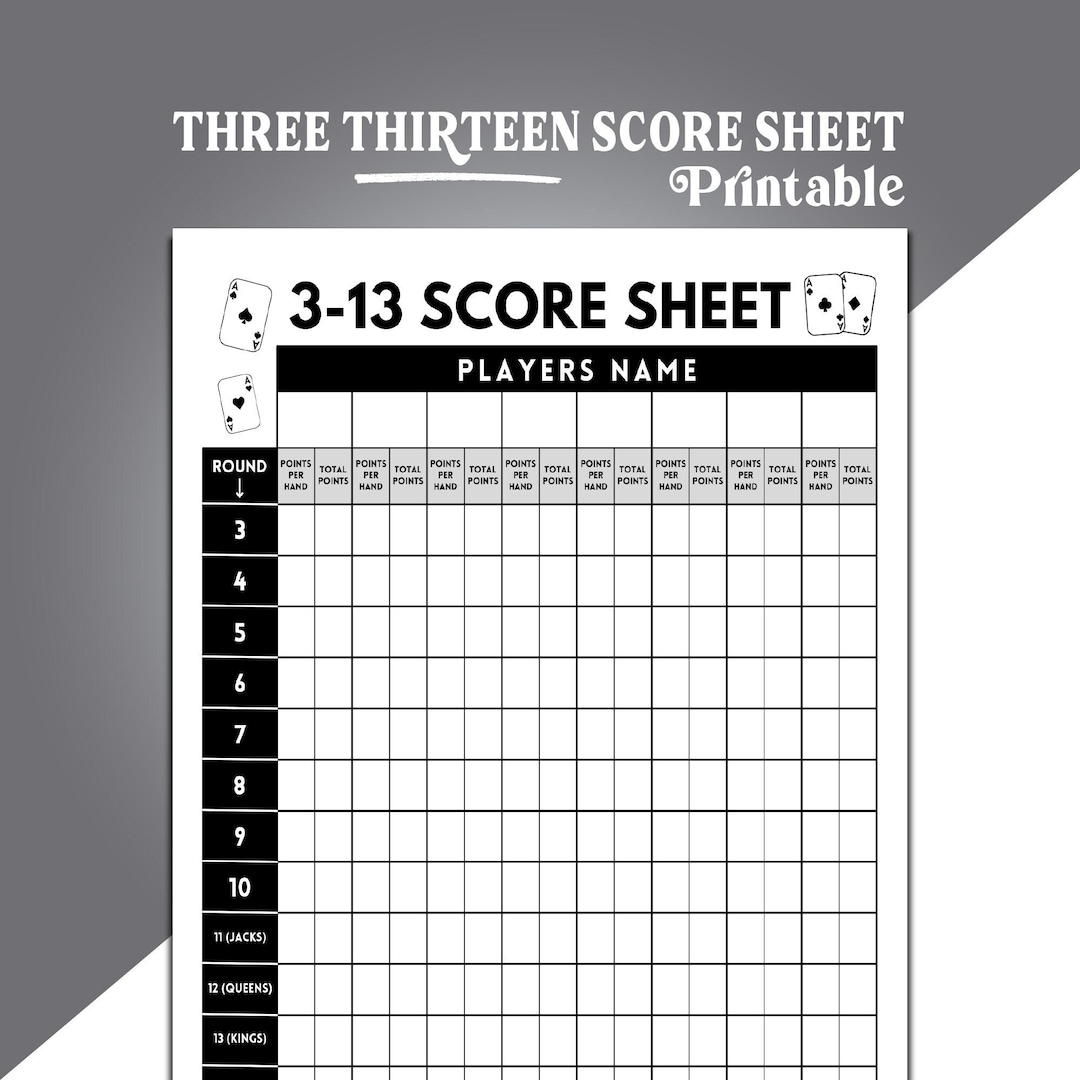 313 Game Score Sheets, Three Thirteen Card Game Score Sheets, 3 to 13