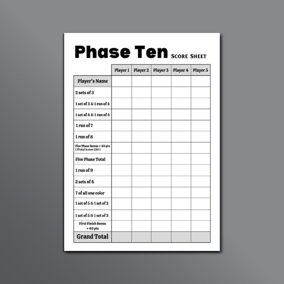 Phase 10 Score Sheet, Printable Score Sheet, Digital, Instant Download, Phase  10, Printable File, PDF, 8.5 X 11, A4 