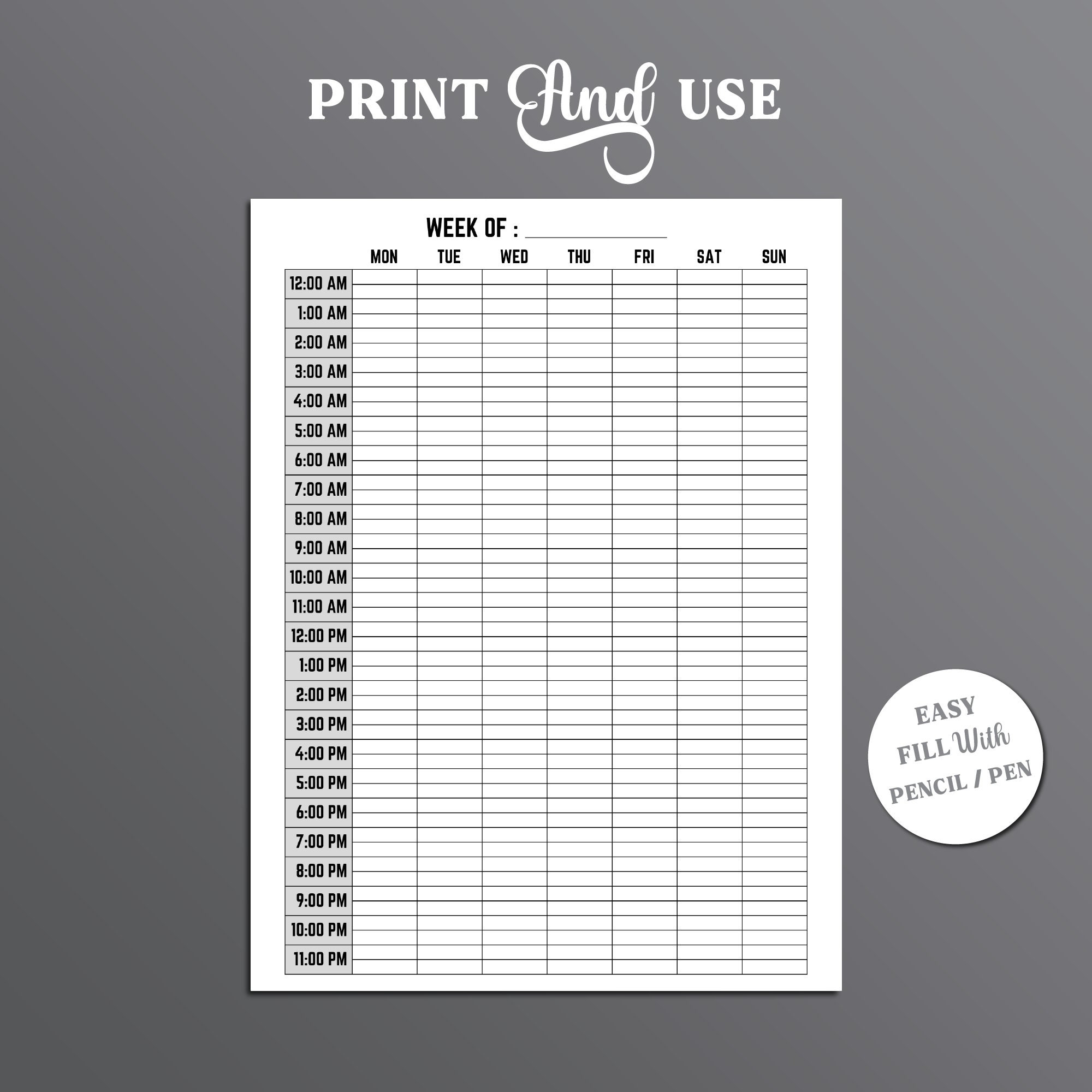 24 Hour Weekly Schedule Printable, Printable Daily Planner, Hourly ...