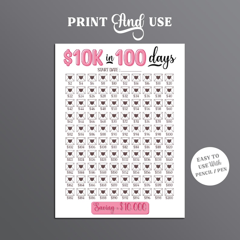 Puede incluir: Un gr&aacute;fico imprimible para ayudarte a ahorrar 10.000 &euro; en 100 d&iacute;as. El gr&aacute;fico tiene 100 sobres con cantidades en euros de 2 &euro; a 200 &euro;. El gr&aacute;fico es rosa y gris con el texto "10.000 &euro; en 100 d&iacute;as" en la parte superior. El texto "Ahorro = 10.000 &euro;" est&aacute; en la parte inferior del gr&aacute;fico. El texto "F&Aacute;CIL DE USAR CON L&Aacute;PIZ/PLUMA" est&aacute; en un c&iacute;rculo en el lado derecho del gr&aacute;fico.