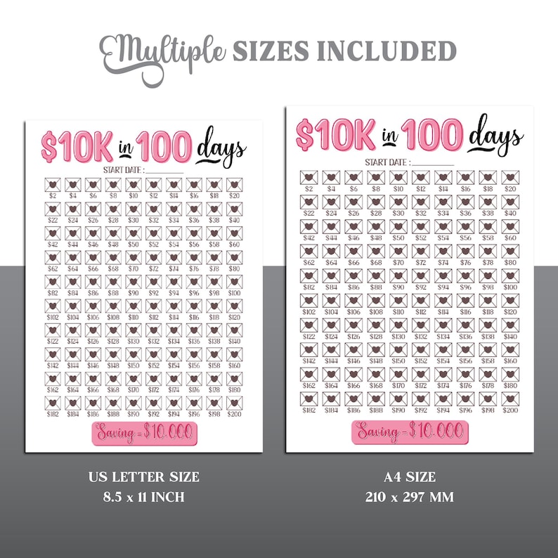 Puede incluir: Un gr&aacute;fico de seguimiento de ahorros imprimible con un dise&ntilde;o rosa y negro. El gr&aacute;fico se titula "$10K en 100 d&iacute;as" e incluye un espacio para escribir una fecha de inicio. El gr&aacute;fico est&aacute; dividido en 100 cuadrados, cada uno representando un d&iacute;a. Los cuadrados est&aacute;n numerados del 1 al 100, y cada cuadrado tiene una cantidad de d&oacute;lares impresa en su interior. El gr&aacute;fico est&aacute; dise&ntilde;ado para ayudar a las personas a ahorrar $10,000 en 100 d&iacute;as. El gr&aacute;fico est&aacute; disponible en dos tama&ntilde;os: US Letter (8.5 x 11 pulgadas) y A4 (210 x 297 mm).