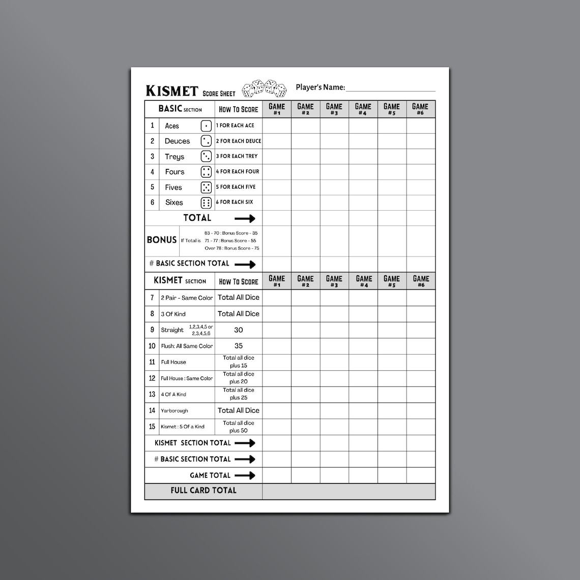 Kismet Score Sheet, Kismet Dice Game Score Sheet Printable, Kismet Board Game Score Sheet ...