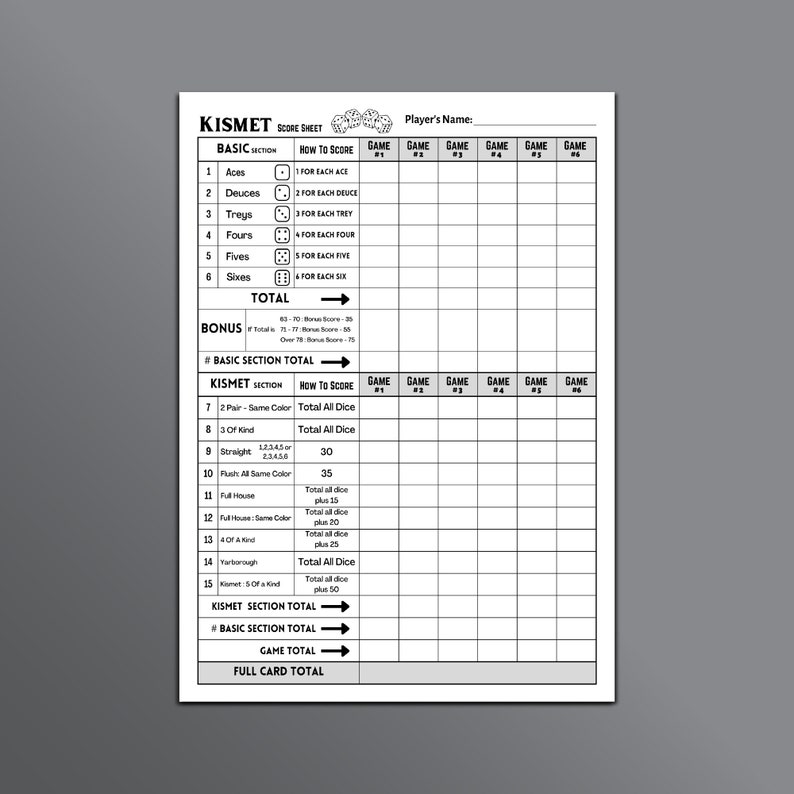 Kismet Score Sheet, Kismet Dice Game Score Sheet Printable, Kismet ...