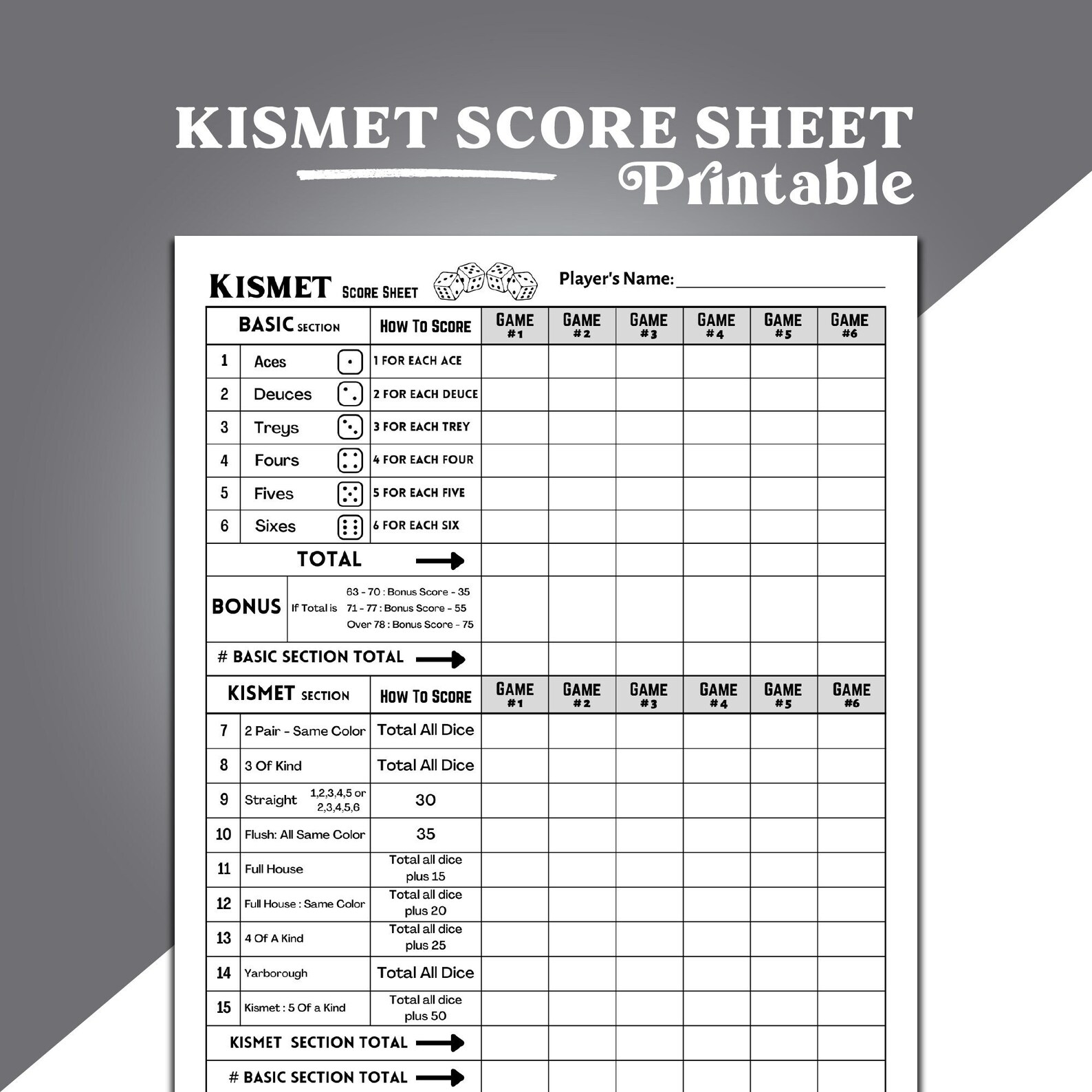Kismet Score Sheet, Kismet Dice Game Score Sheet Printable, Kismet