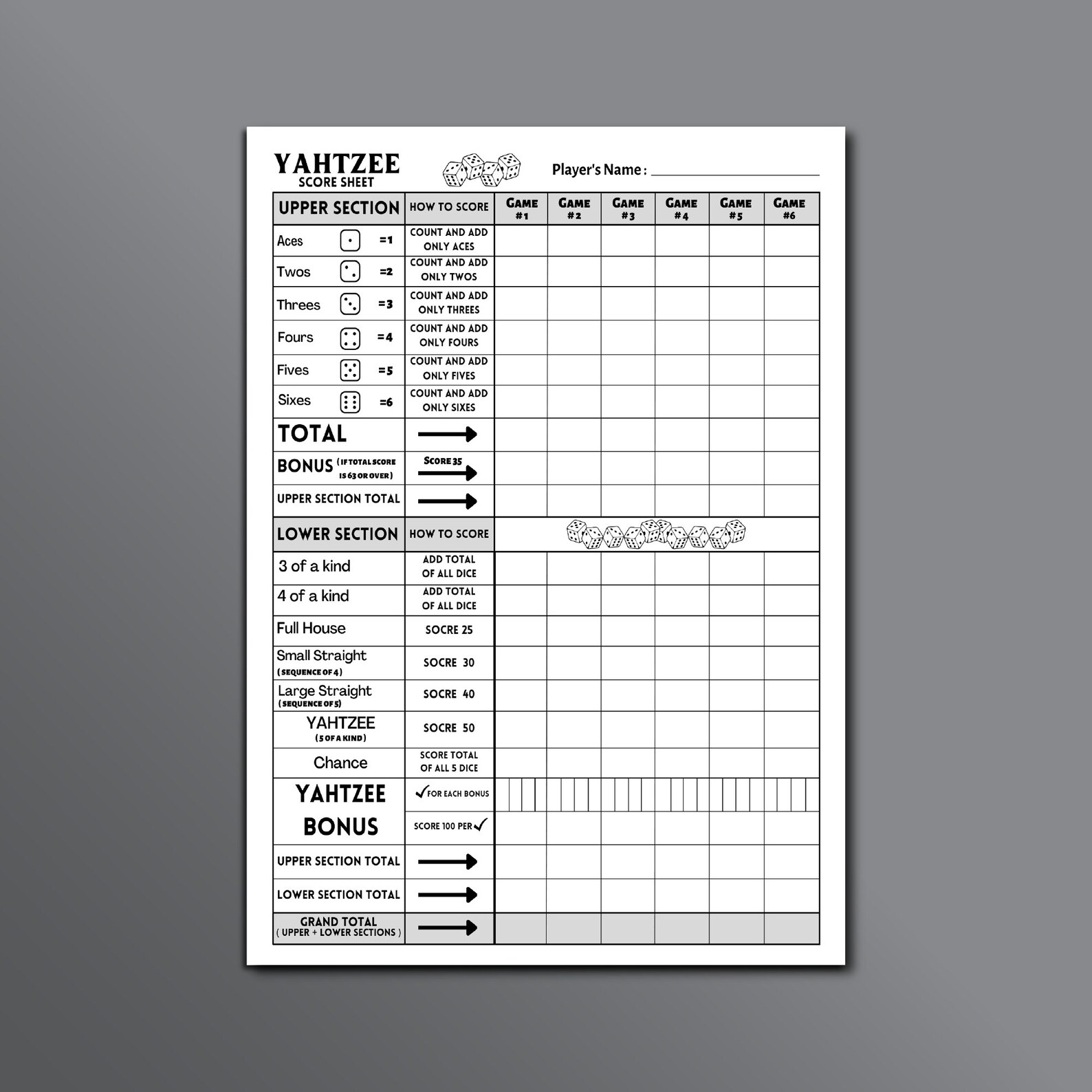 Yahtzee Score Sheet, Yahtzee Score Card, Yahtzee Board Game Score Sheet, Yahtzee Card Game Score