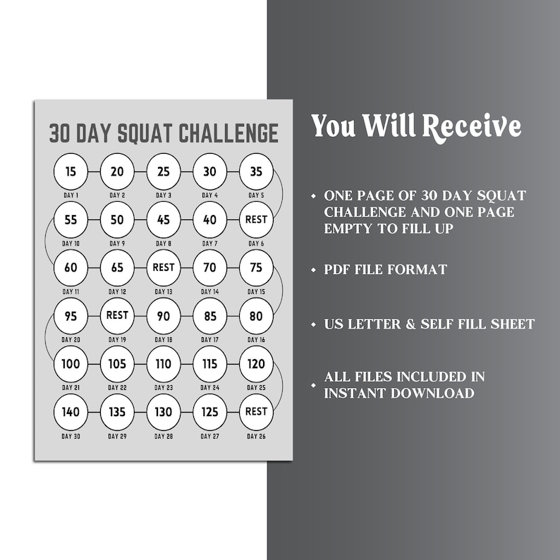 30 Day Squat Challenge Printable | Squat Tracker | Core Fitness | Squat ...