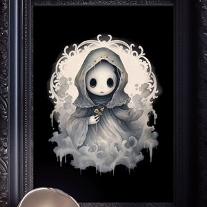 May include: A framed illustration of a hooded figure with a delicate flower in their hand, standing on a cloud. The illustration is set against a dark background and framed in a black ornate frame. The image is displayed on a shelf with a skull, a candle, and other decorative items.